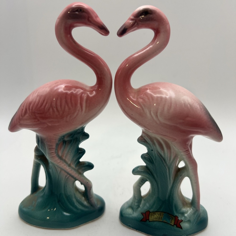 Vtg 1950s Pink Ceramic Flamingo 6" Figurine Pair Souvenir Clearwater FL Japan